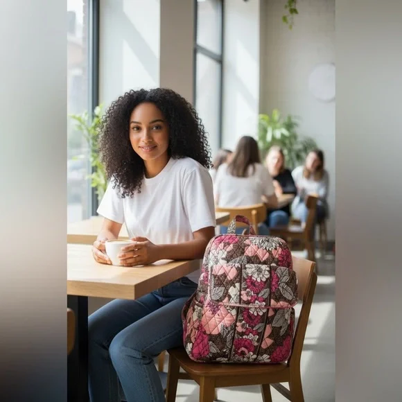 Vera Bradley Quilted Floral Mini Backpack in Pink and Brown or “Mocha Rouge” EUC - Picture 4 of 15